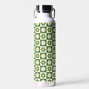 Retro Sage Green and Cream Daisy Chequerboard  Water Bottle