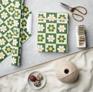 Retro Sage Green and Cream Daisy Chequerboard Wrapping Paper