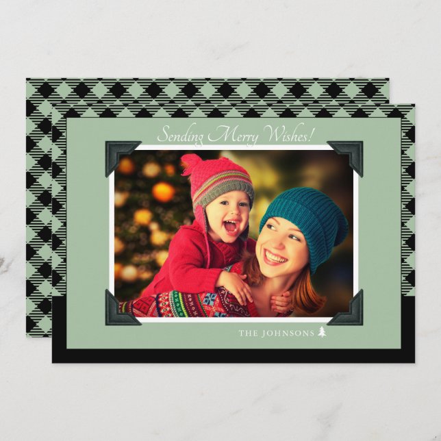 Retro Sage Green Buffalo Check Christmas Photo Holiday Card (Front/Back)