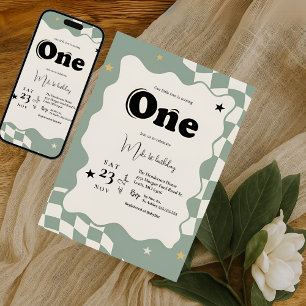 Retro Sage Green Checkered Groovy One 1st Birthday Invitation