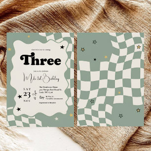 Retro Sage Green Checkered Young Wild 3rd Birthday Invitation