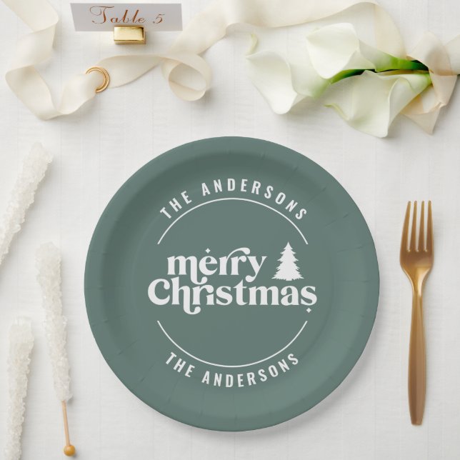 Retro Sage Green Christmas Modern Minimal Unique Paper Plate (Wedding)