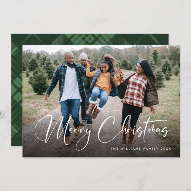 Retro Sage Green Christmas Plaid Tartan Photo Holiday Card (Front/Back)