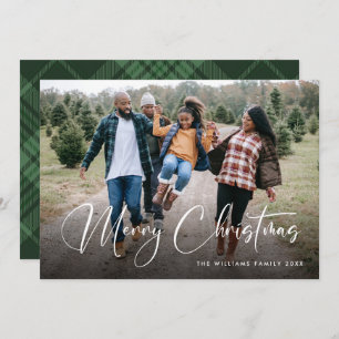Retro Sage Green Christmas Plaid Tartan Photo Holiday Card