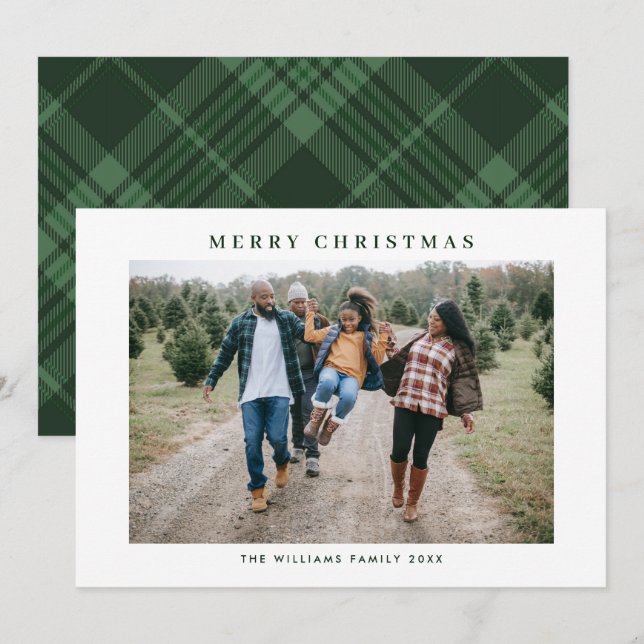Retro Sage Green Christmas Plaid Tartan Photo Holiday Card (Front/Back)