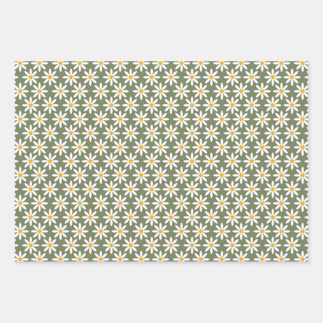Retro Sage Green Daisies Floral Pattern  Wrapping Paper Sheet (Front)