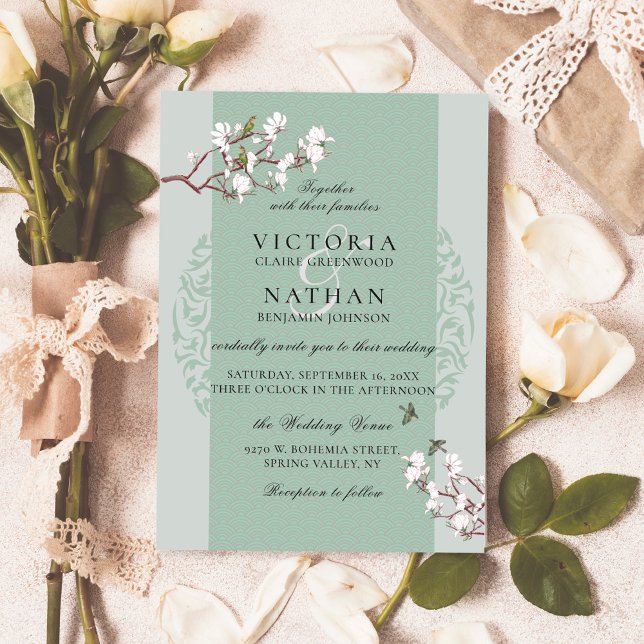 Retro Sage Green Elegant Chinoiserie Chic Wedding Invitation (Creator Uploaded)
