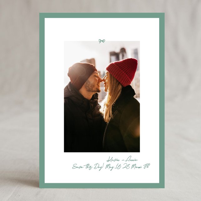 Retro Sage Green Little Bow Photo Save This Day Save The Date (Creator Uploaded)