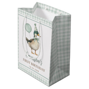 Retro Sage Green One Lucky Duck 1st Birthday Medium Gift Bag
