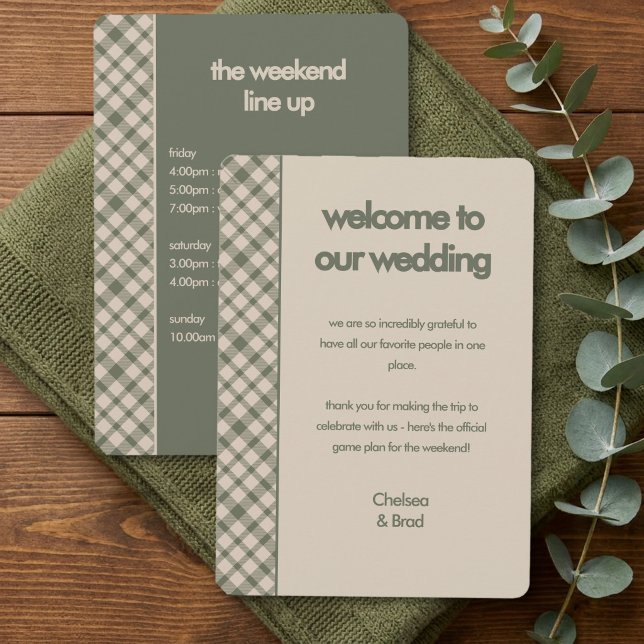 Retro Sage Green Plaid Wedding Weekend Itinerary Invitation (Program or Weekend Itinerary from the Sage Green Retro Plaid Wedding Collection by Darling & May)