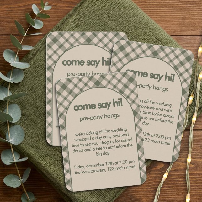 Retro Sage Green Plaid Welcome Party Invite Card (Welcome Party information card from the Sage Green Retro Plaid Wedding Collection by Darling & May)