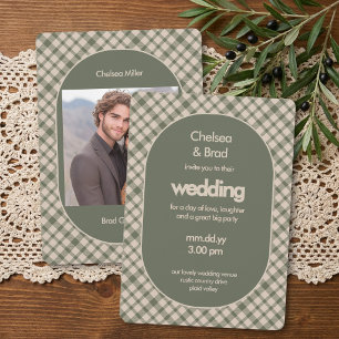Retro Sage Green Plaid with Photo Wedding Invitation