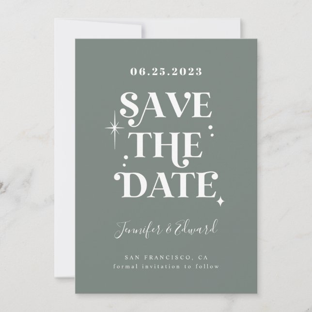 Retro Sage Green Save The Date Card (Front)