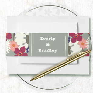 Retro Sage Green Summer Autumn Bold Floral Wedding Invitation Belly Band