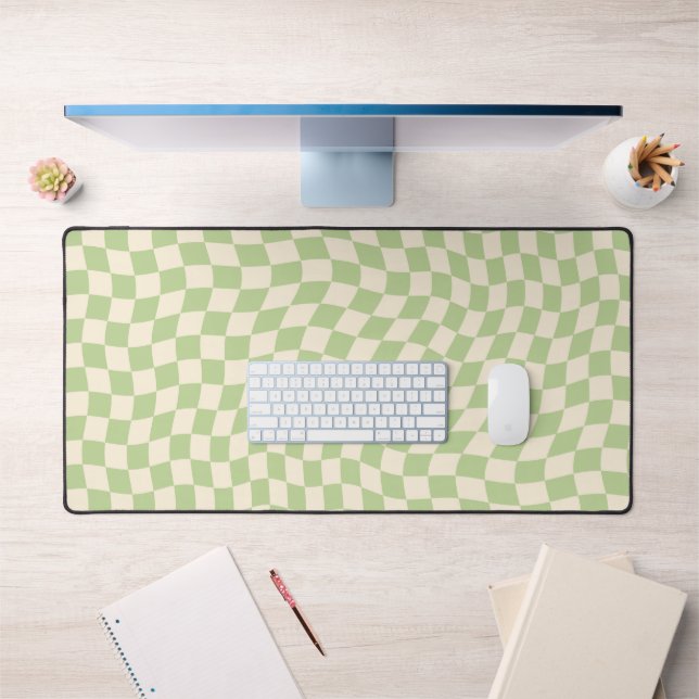 Retro Sage Green Wavy Chequered Pattern Desk Mat (Office 1)