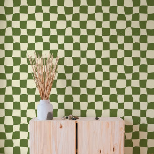 Retro Sage Olive Green Wavy Warped Chequerboard Wallpaper