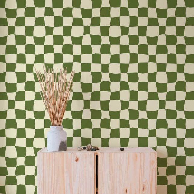 Retro Sage Olive Green Wavy Warped Chequerboard Wallpaper (Creator Uploaded)