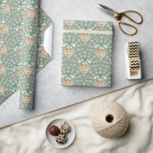 Retro Sage & Sand Cheerleader Mandala Deco Scallop Wrapping Paper