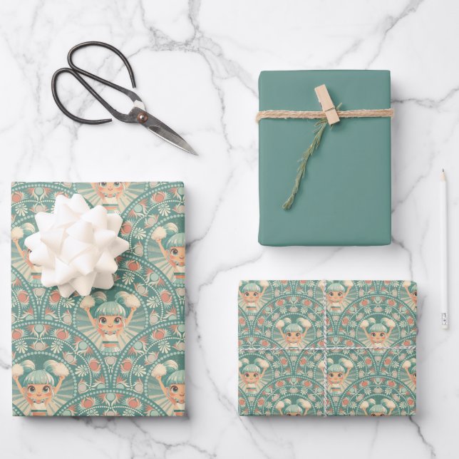 Retro Sage & Sand Cheerleader Mandala Deco Scallop Wrapping Paper Sheet (Front)