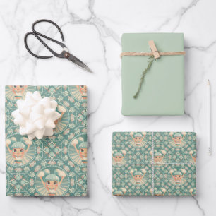 Retro Sage Sand Cheerleader Mandala Diamond Tile Wrapping Paper Sheet