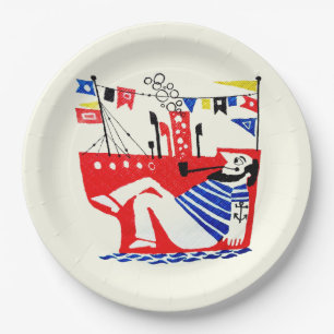 Retro Sailor Relaxing on Boat Paper Plate
