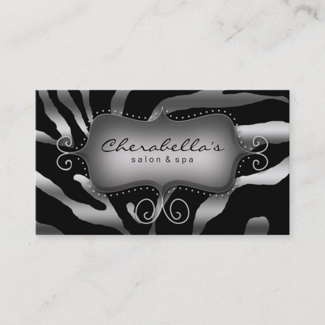 Retro Salon Spa Business Card Zebra Silver Grey (Front)