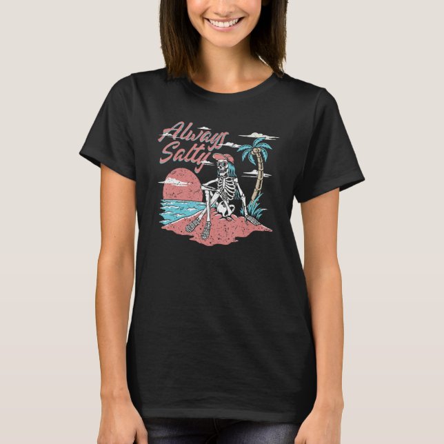 Retro Salty Skeleton Sunbathing Beach Sunset Summe T-Shirt (Front)
