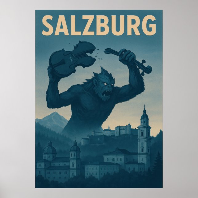 Retro Salzburg Monster Attack Travel Poster (Front)