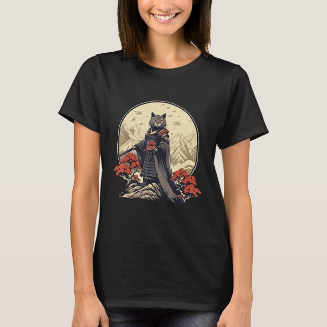 Retro Samurai Cat  Japanese Inspired Cat T-Shirt (Front)