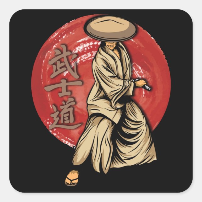 Retro Samurai Warrior with Katana - Japanese Square Sticker (Front)