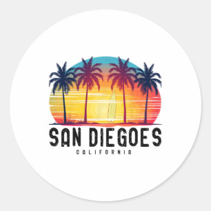 Retro San Diego Beaches California Surfing Surfboa Classic Round Sticker