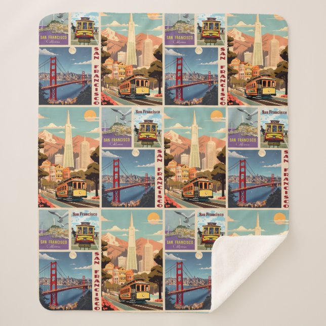 Retro San Francisco Batchwork Sherpa Blanket (Front)