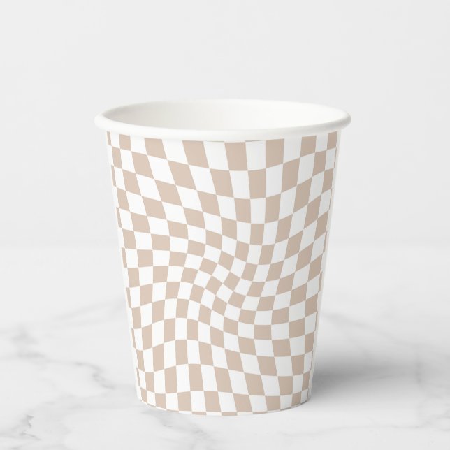 Retro Sand Rose Pink Pastel Warped Chequerboard   Paper Cups (Front)