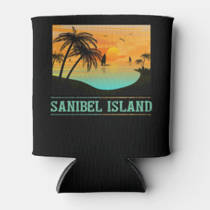 Retro Sanibel Island Florida Tropical Sunset Beach Can Cooler