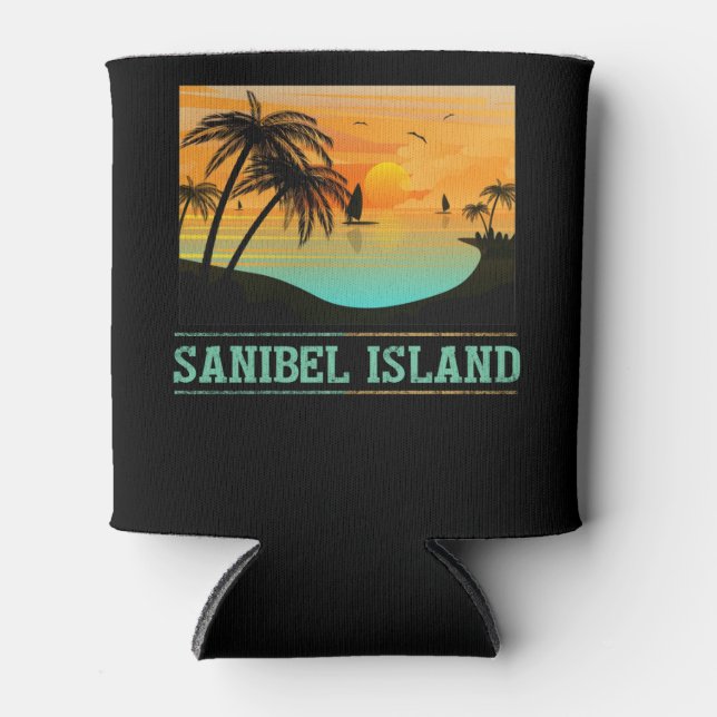 Retro Sanibel Island Florida Tropical Sunset Beach Can Cooler (Front)