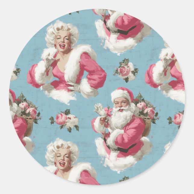 Retro Santa and Glam Holiday Cheer Classic Round Sticker (Front)