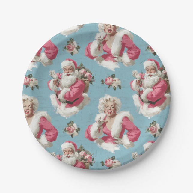 Retro Santa and Glam Holiday Cheer Paper Plate (Front)