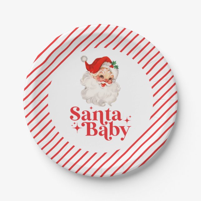 Retro Santa Baby christmas baby shower Paper Plate (Front)