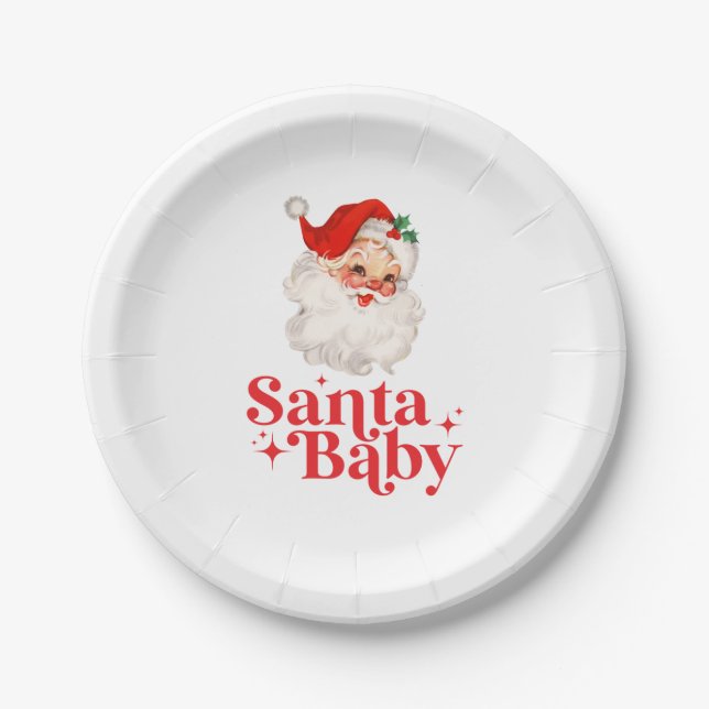 Retro Santa Baby christmas baby shower Paper Plate (Front)
