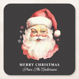Retro Santa Black Personalised Name Christmas Square Paper Coaster