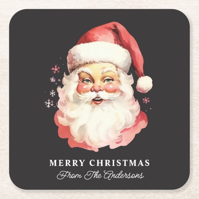 Retro Santa Black Personalised Name Christmas Square Paper Coaster (Front)