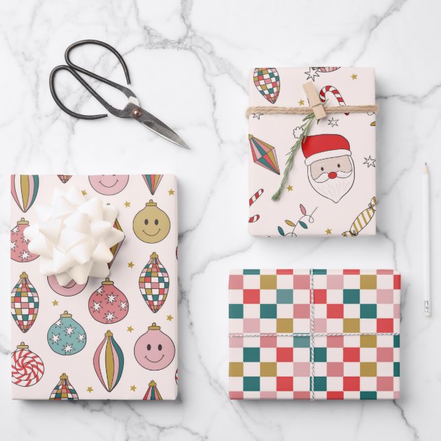 Retro Santa Chequered Happy Ornaments Wrapping Paper Sheet (Front)
