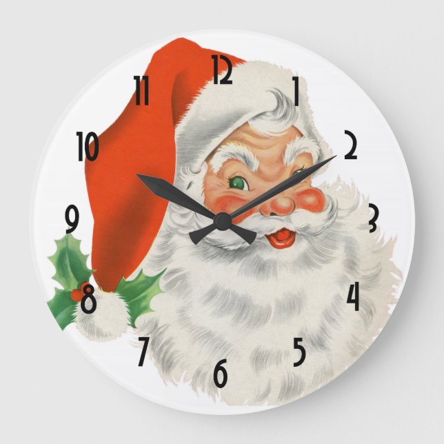 Retro Santa Claus and Holly Large Clock (Front)