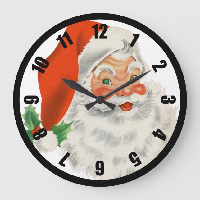 Retro Santa Claus and Holly Large Clock (Front)