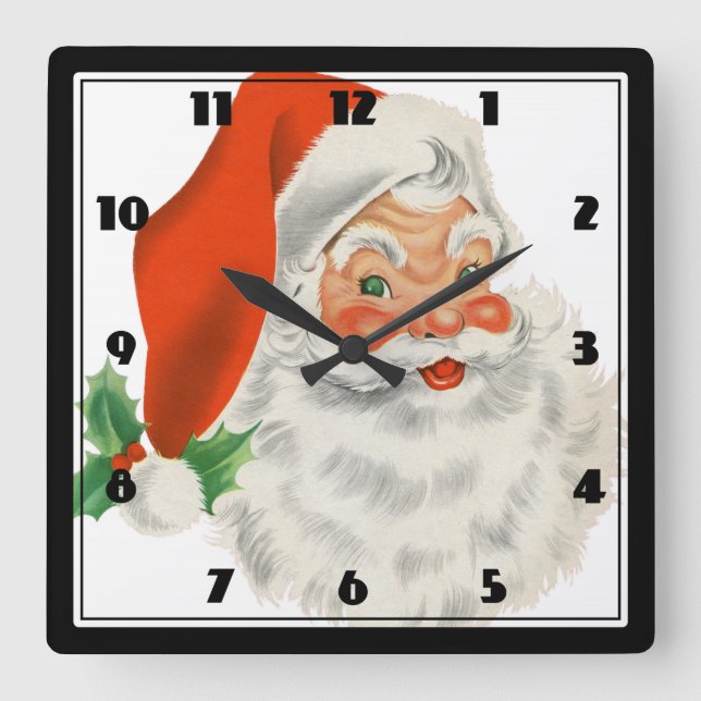 Retro Santa Claus and Holly Square Wall Clock (Front)