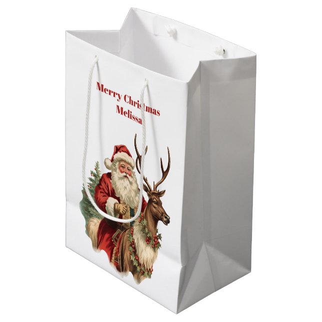 Retro Santa Claus and Reindeer Christmas Medium Gift Bag (Front Angled)