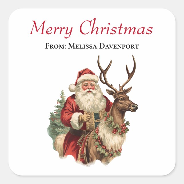 Retro Santa Claus and Reindeer Christmas Square Sticker (Front)