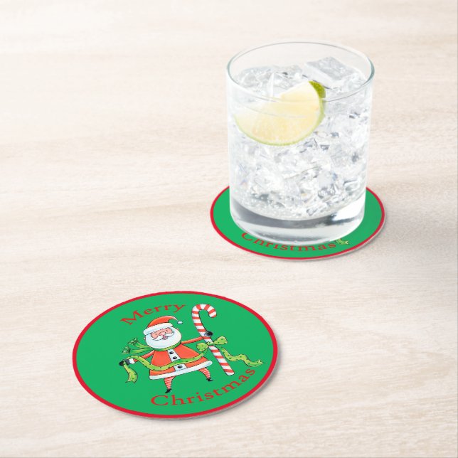 Retro Santa Claus Candy Cane Christmas Round Paper Coaster (Insitu)