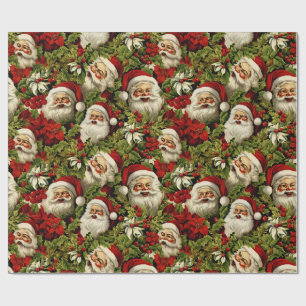 Retro Santa Claus Faces and Holly Wrapping Paper