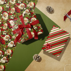 Retro Santa Claus Faces and Holly  Wrapping Paper Sheet